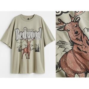 H&M Divided Oversized Graphic Print T Shirt Khaki Green Redwood California Large